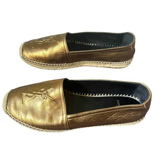 Saint Laurent Logo Embossed Espadrille Flats Gold Bronze Leather YSL Size 37.5 - Picture 7 of 11